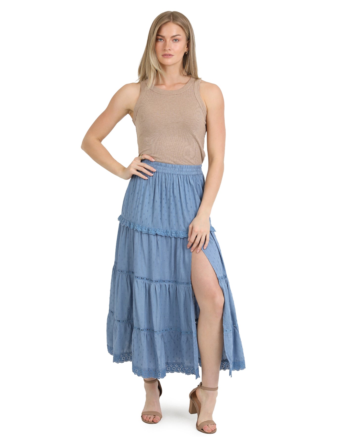 Women's Lace Trim Tiered Maxi Skirt With Slit - 26P74-Asis-Elemental-Blue