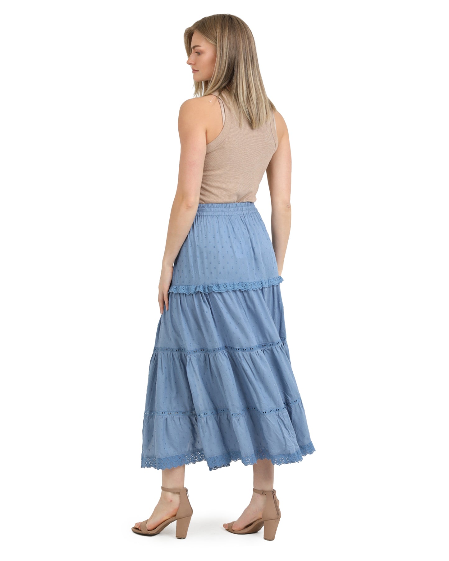 Women's Lace Trim Tiered Maxi Skirt With Slit - 26P74-Asis-Elemental-Blue