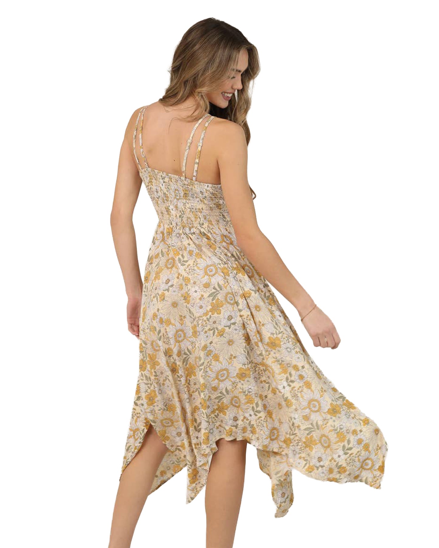 Women's Lace Trim Retro Daisy Print Midi Dress - C4B17-Wb32-Lemon