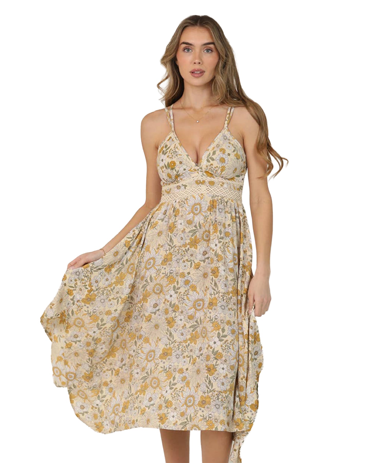 Women's Lace Trim Retro Daisy Print Midi Dress - C4B17-Wb32-Lemon