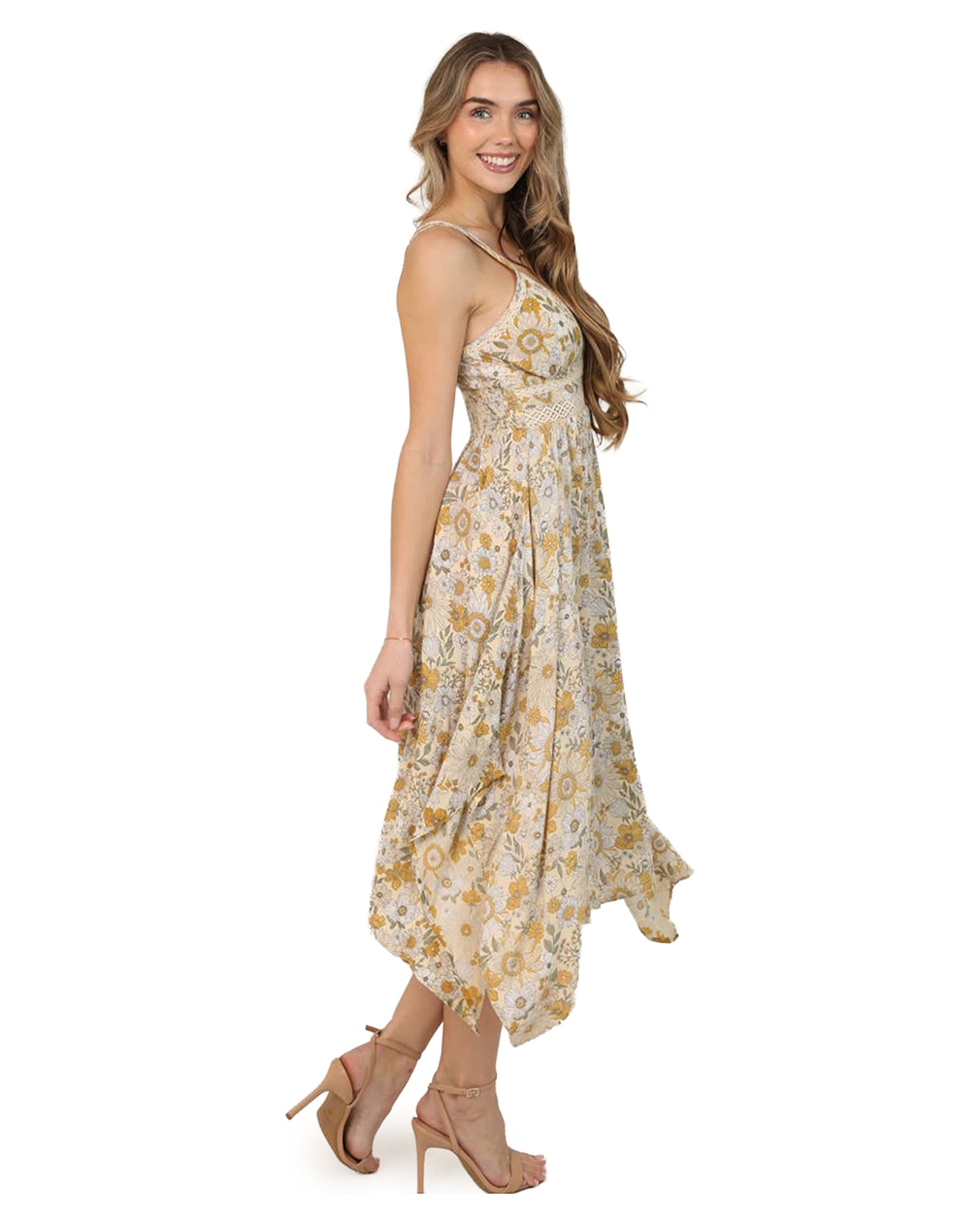 Women's Lace Trim Retro Daisy Print Midi Dress - C4B17-Wb32-Lemon