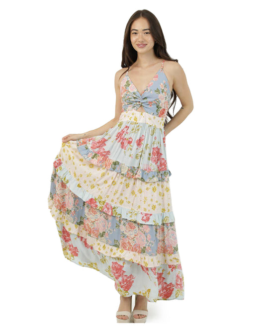 Women's Twist Front Tiered Floral Maxi Dress - C4G08-Wb24-Wb25-Multi by Angie from Skip’s Western Outfitters | ANG-C4G08-WB24-WB25-MULTI-S-MULTI