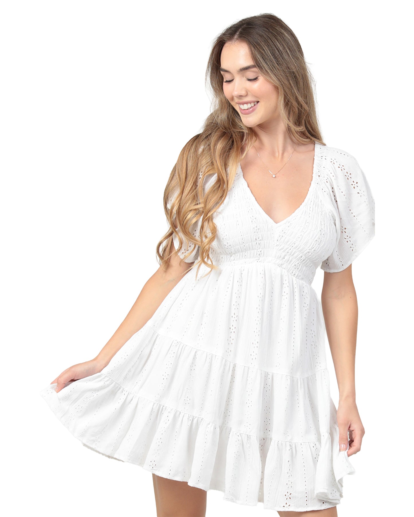 Women's Smocked Bodice Mini Dress - C4937-Em08-White