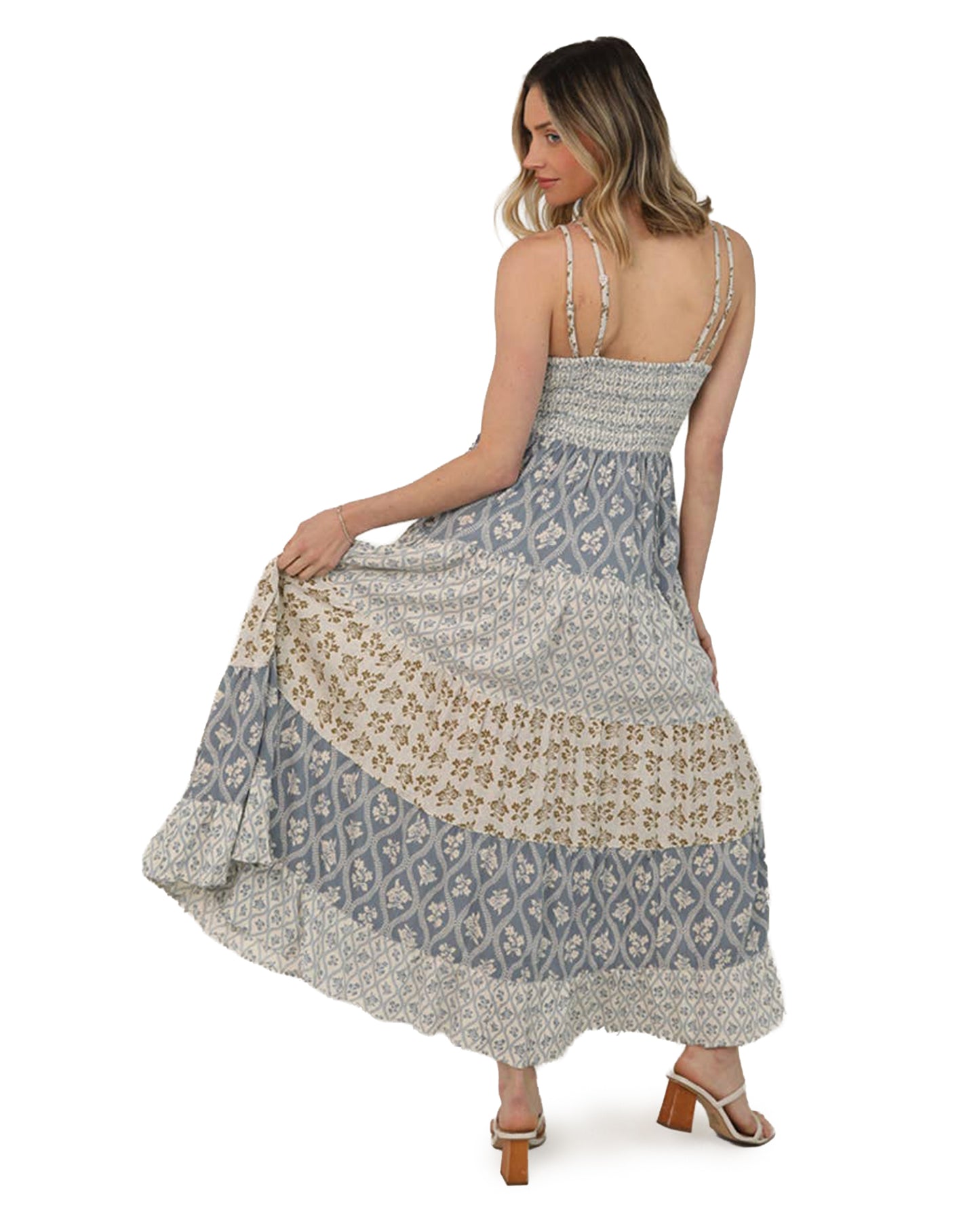 Women's Lace Trim Mixed Print Maxi Dress - C4D14-Aa04-Vintage-Blue