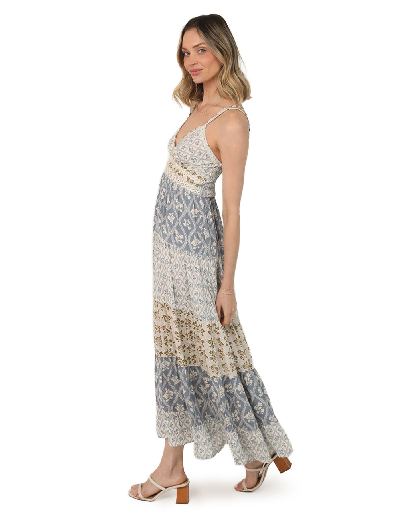 Women's Lace Trim Mixed Print Maxi Dress - C4D14-Aa04-Vintage-Blue