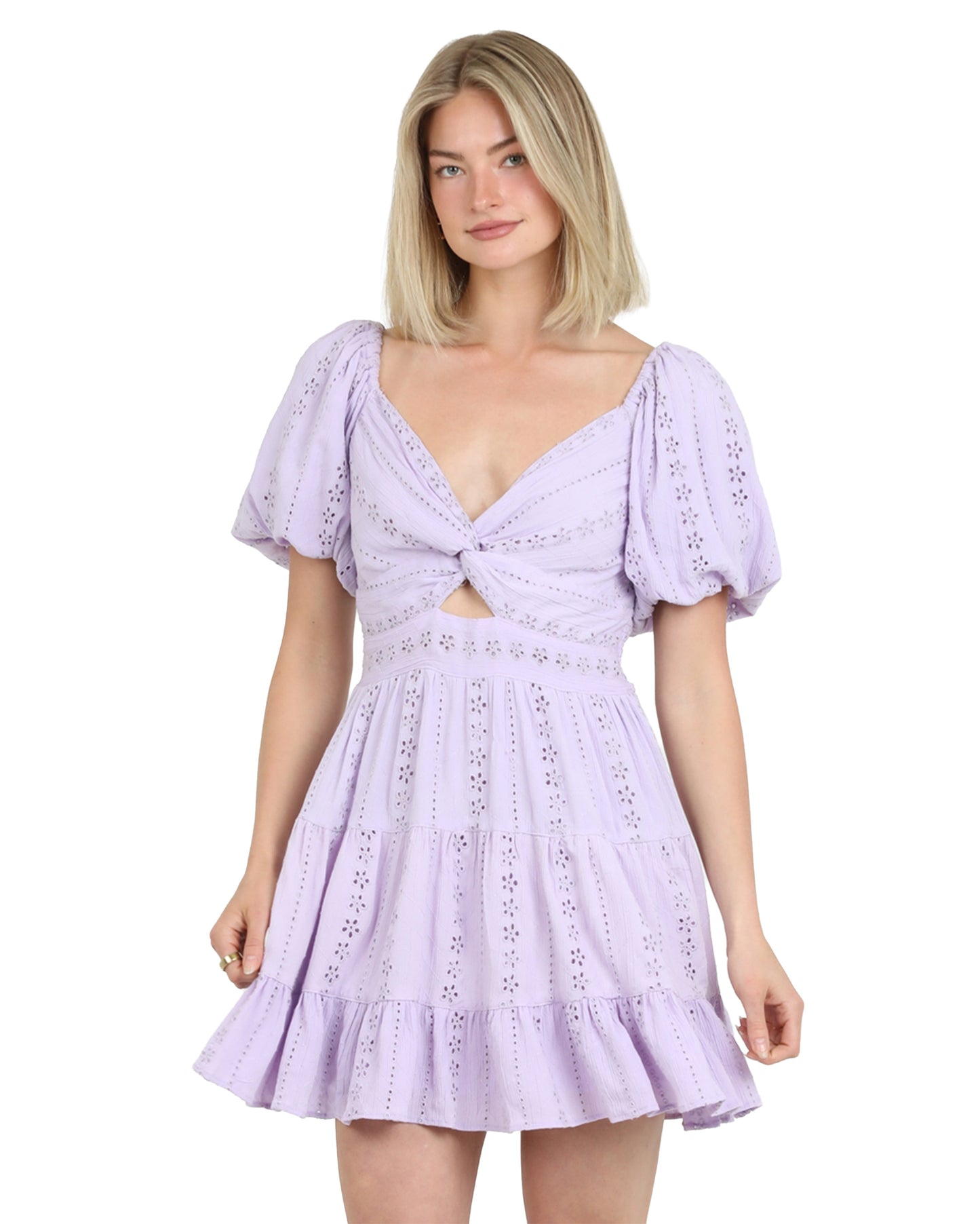 Women's Eyelet Blubble Sleeve Mini Dress - C4B91-Em08-Lavender