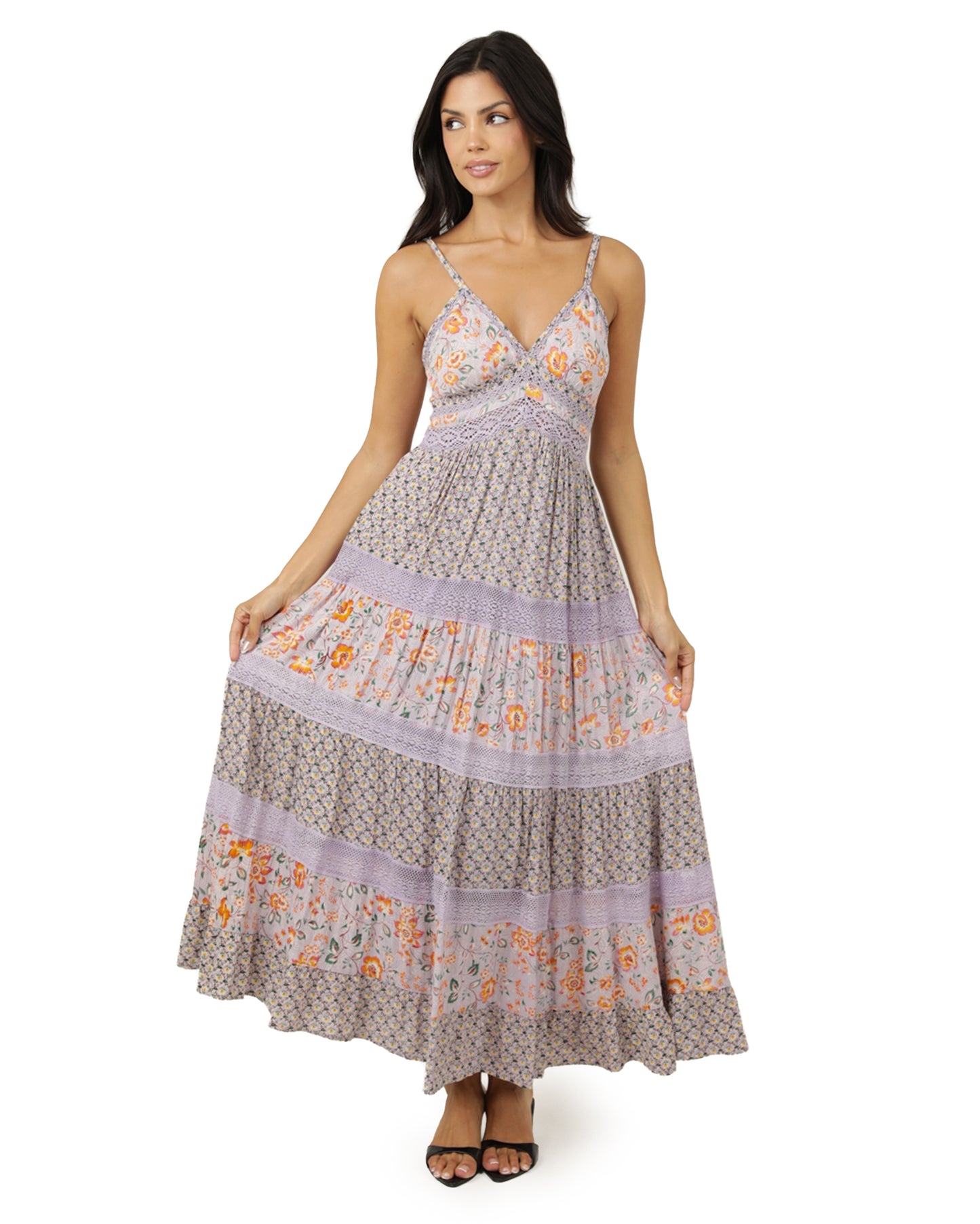 Women's Lace Trim Mixed Print Maxi Dress - C4J37-A980-A981-Lavender by Angie from Skip’s Western Outfitters | ANG-C4J37-A980-A981-LAVENDER-S-LAVENDER