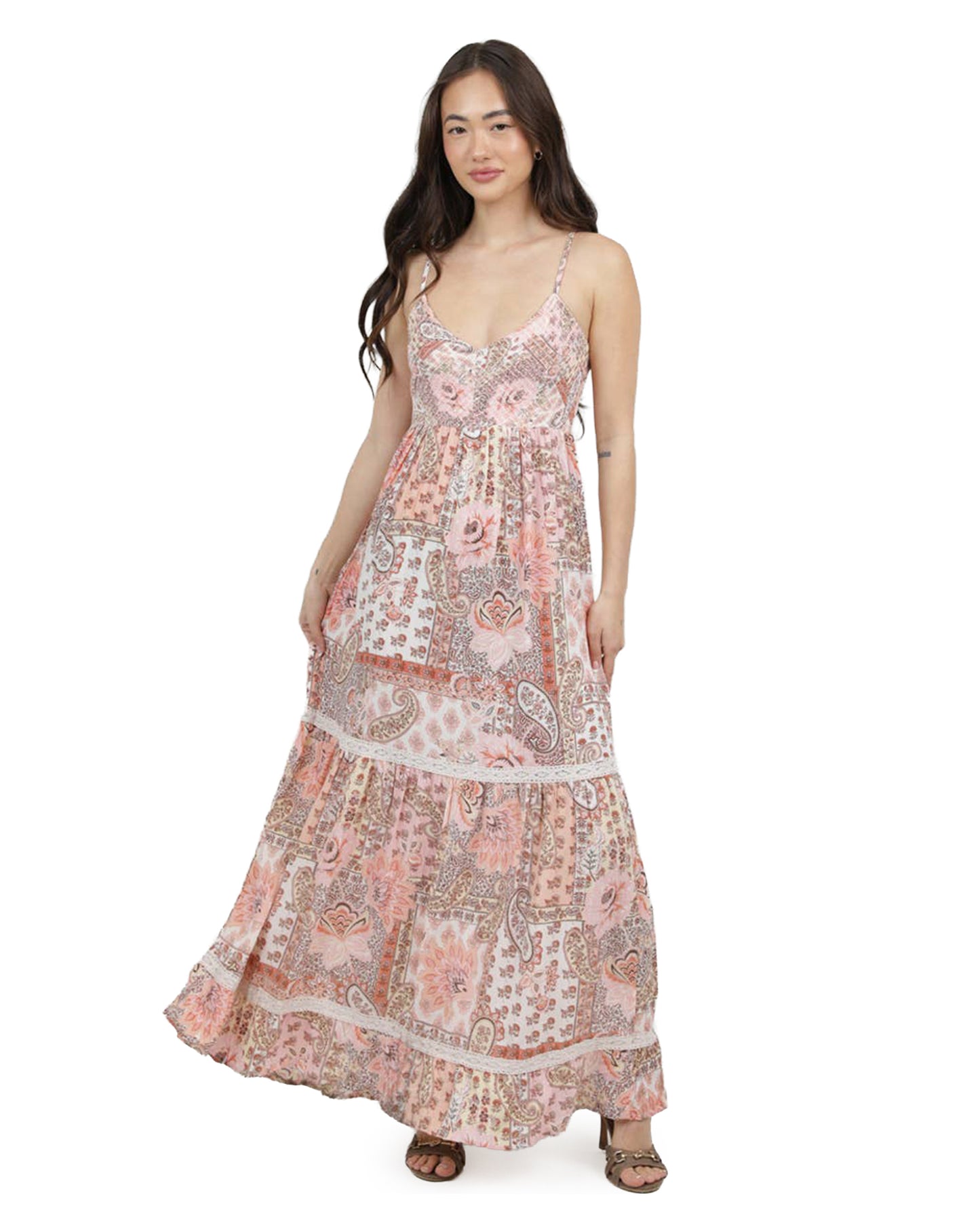 Women's Smocked Ruffle Detail Maxi Dress - C4F83-W909-Pink by Angie from Skip’s Western Outfitters | ANG-C4F83-W909-PINK-S-PINK