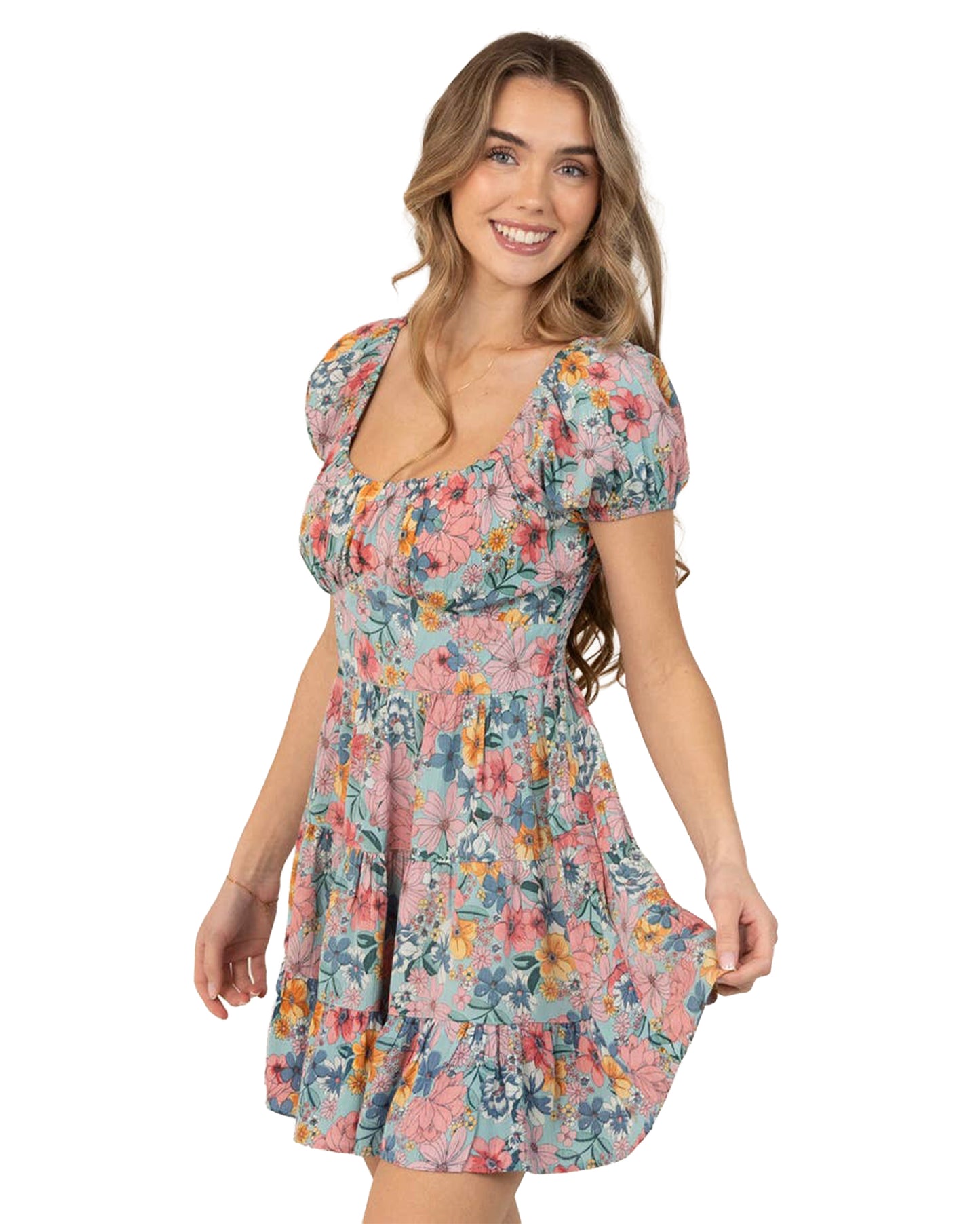 Women's Short Sleeve Floral Mini Dress - C4L09-A855-Teal-Bayou