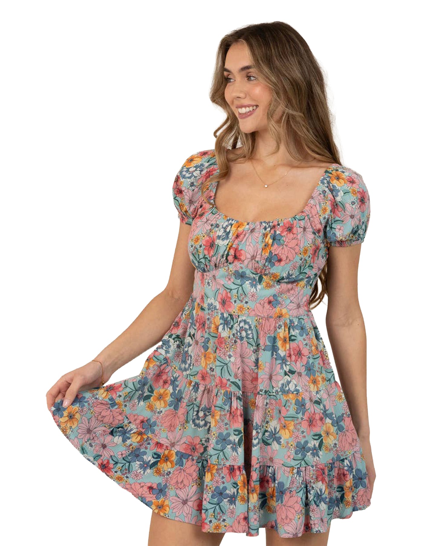 Women's Short Sleeve Floral Mini Dress - C4L09-A855-Teal-Bayou