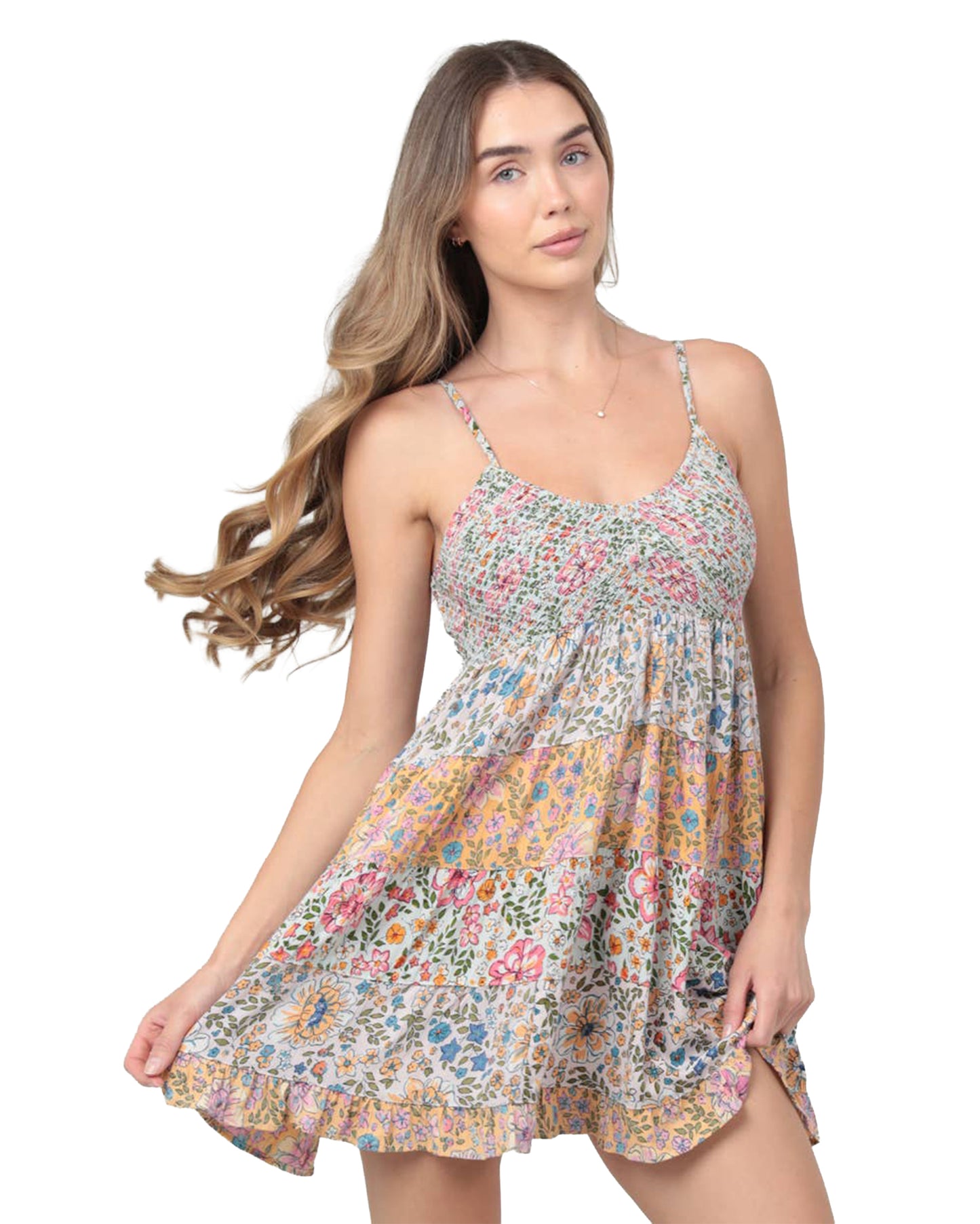 Women's Smocked Mini Floral Print Sun Dress - C4B28-Wa34-Multi