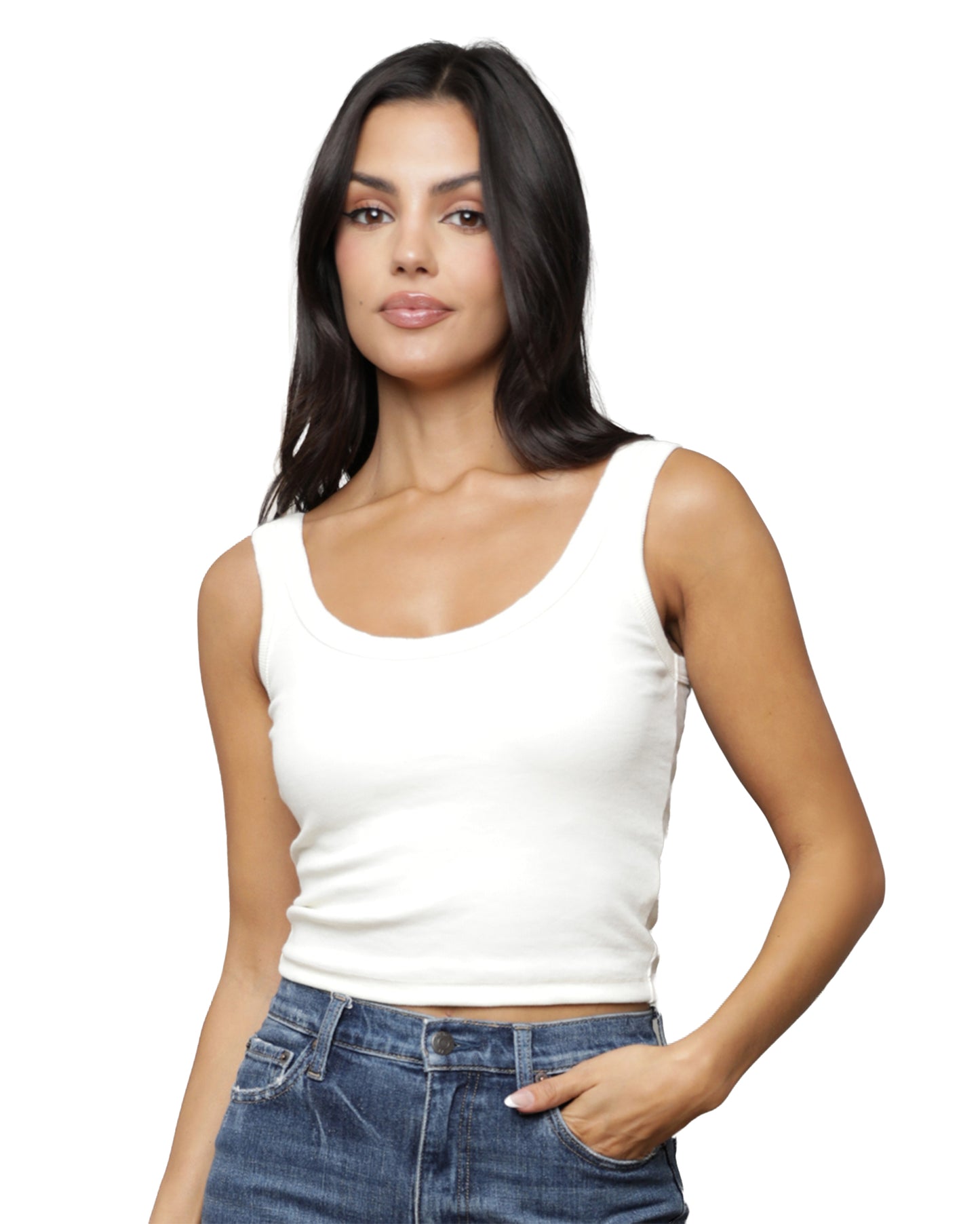 Women's Rib Knit Scoop Neck Tank Top - X2Ca5-Asis-White
