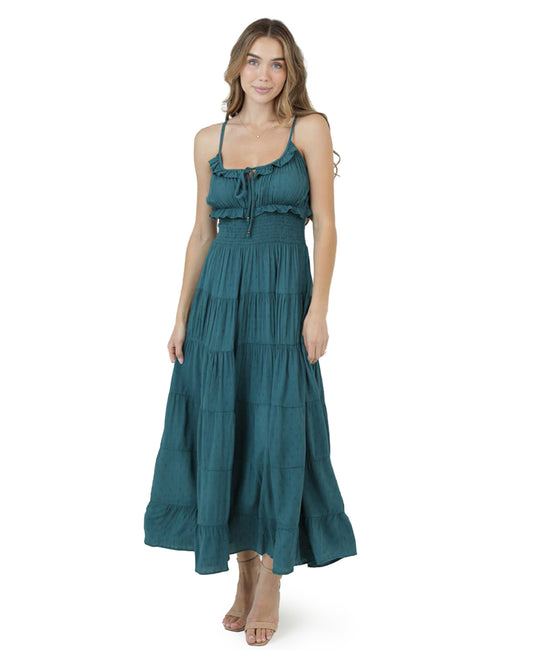 Women's Swiss Dot Ruffle Trim Smocked Waist Maxi Dress - C4D36-SWDT-DARK-TEAL by Angie from Skip’s Western Outfitters | ANG-C4D36-SWDT-DARK-TEAL-S-DARK-TEAL
