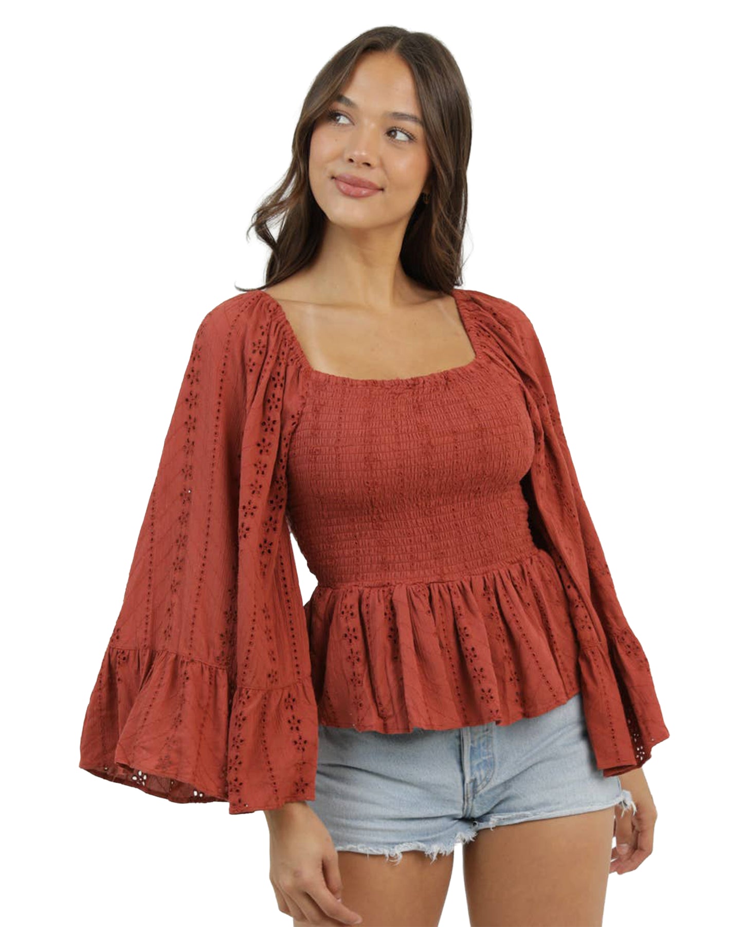Women's Eyelet Embroidered Wide Bell Sleeve Smocked Bodice Blouse - B2Mm6-Emb-Rust