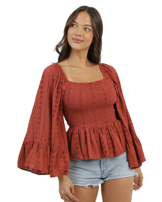 Women's Eyelet Embroidered Wide Bell Sleeve Smocked Bodice Blouse - B2Mm6-Emb-Rust by Angie from Skip’s Western Outfitters | ANG-B2MM6-EMB-RUST-S-RUST