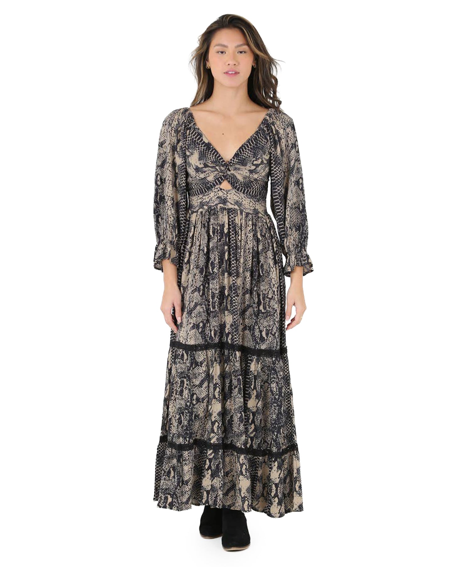 Women's Twist Front Peek A Boo Snake Print Maxi Dress - C4422-W779-Snake