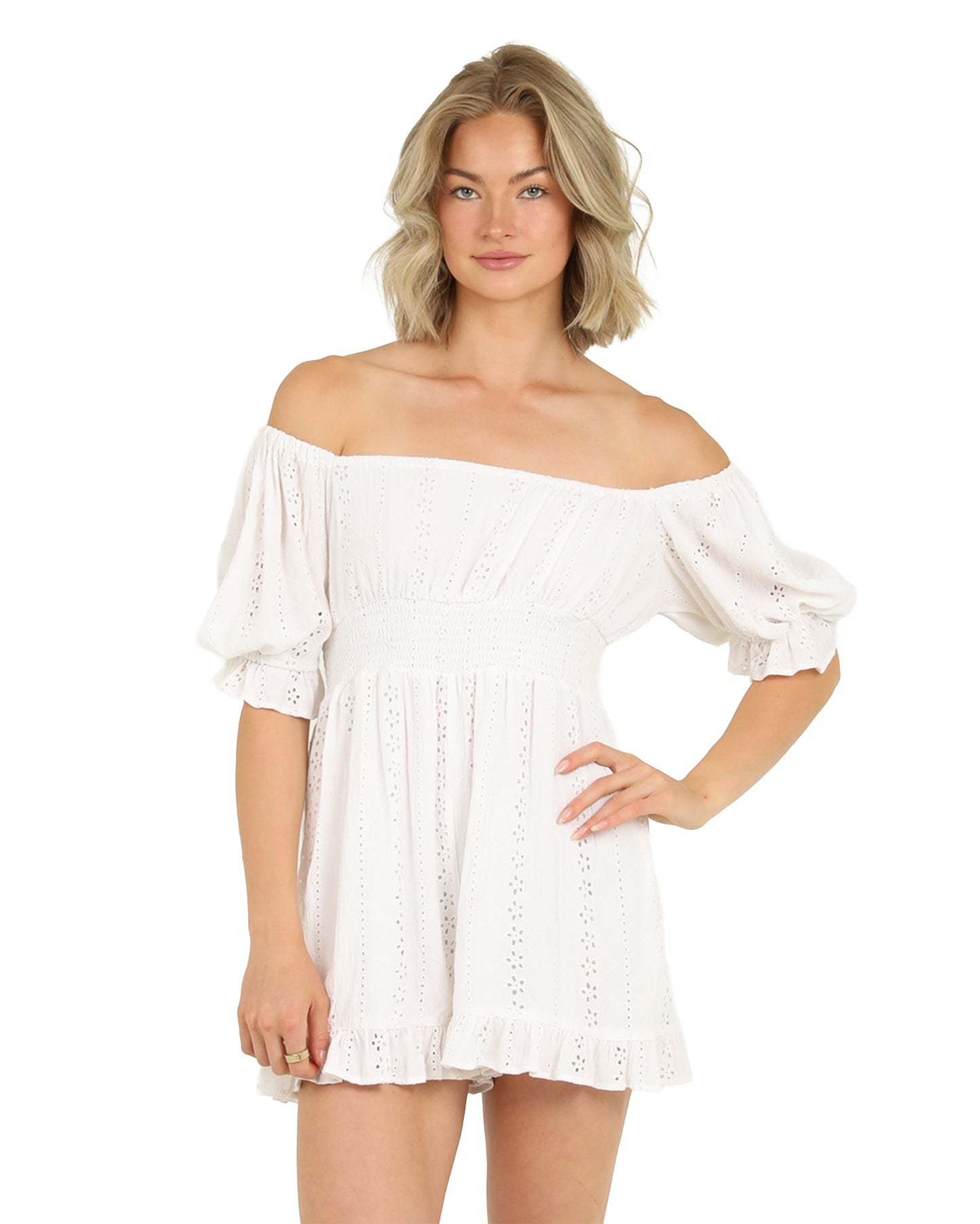 Women's Eyelet Romper - B5A91-Em08-White by Angie from Skip’s Western Outfitters | ANG-B5A91-EM08-WHITE-S-WHITE