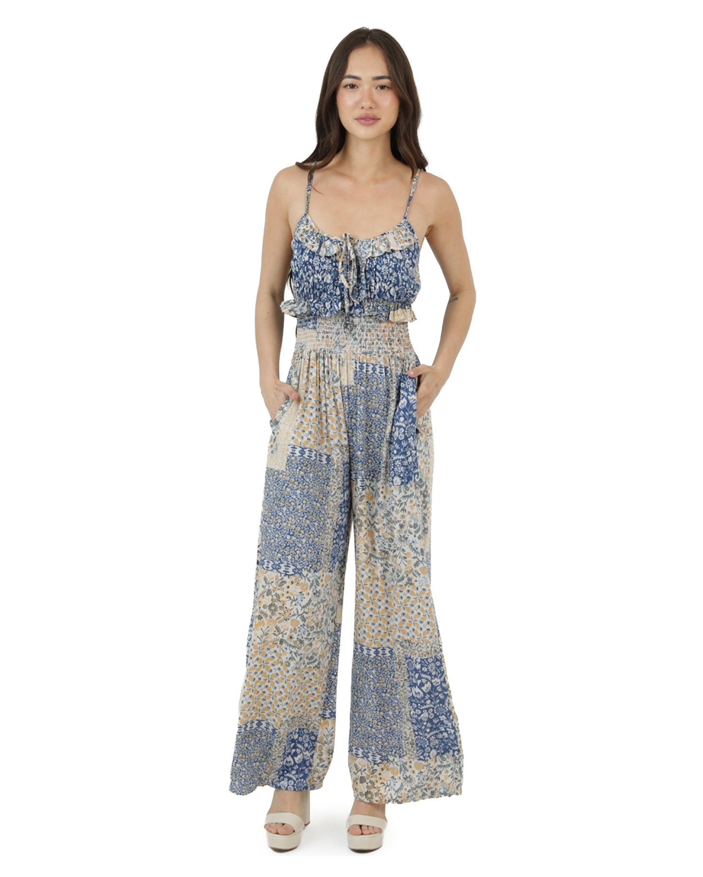 Women's Smocked Waist Patchwork Wide Leg Jumpsuit - B5C60-A983-Blue by Angie from Skip’s Western Outfitters | ANG-B5C60-A983-BLUE-S-BLUE