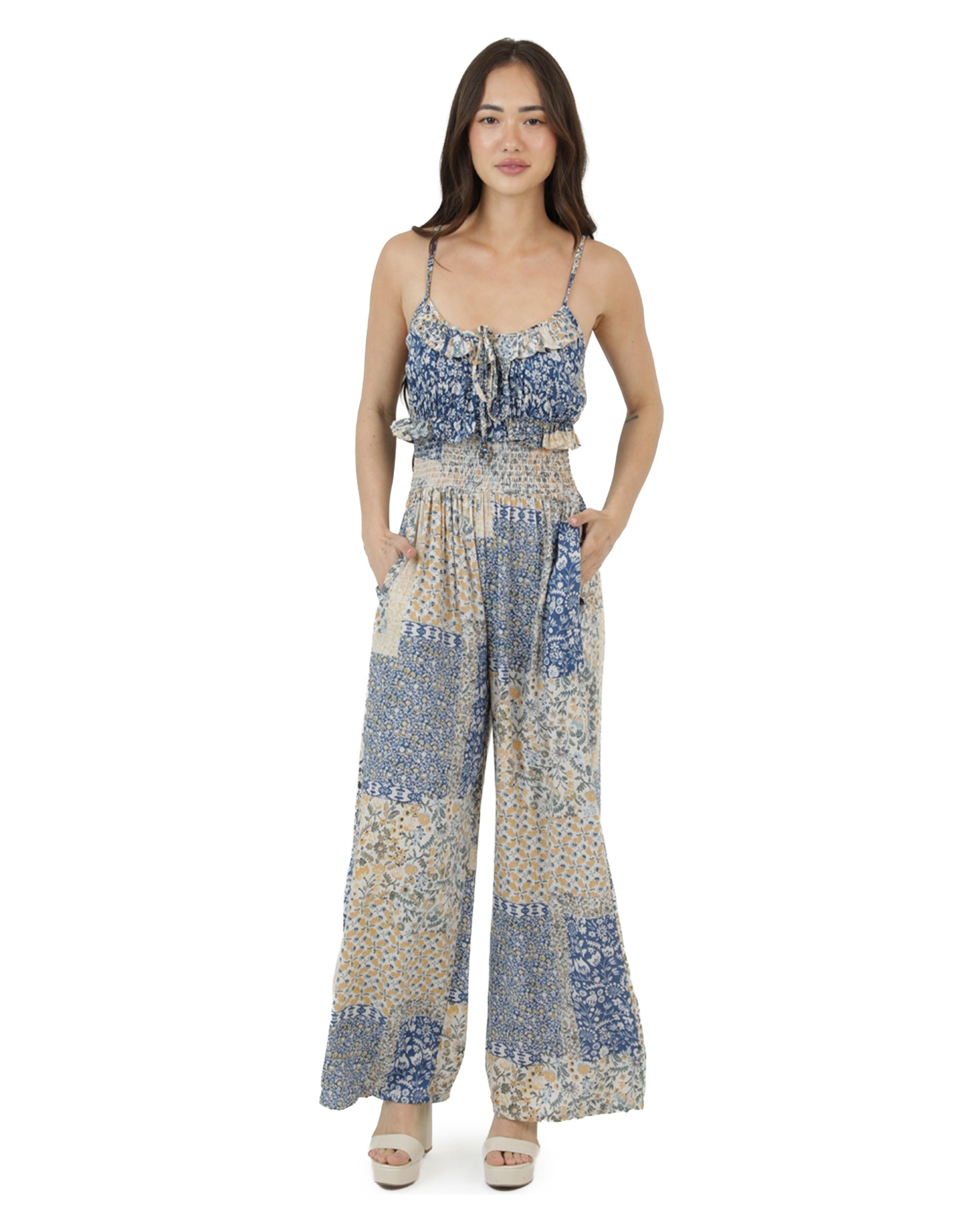 Women's Smocked Waist Patchwork Wide Leg Jumpsuit - B5C60-A983-Blue by Angie from Skip’s Western Outfitters | ANG-B5C60-A983-BLUE-S-BLUE