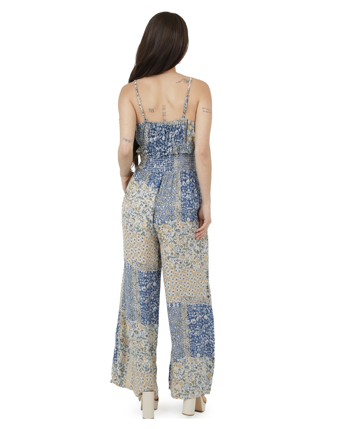 Women's Smocked Waist Patchwork Wide Leg Jumpsuit - B5C60-A983-Blue