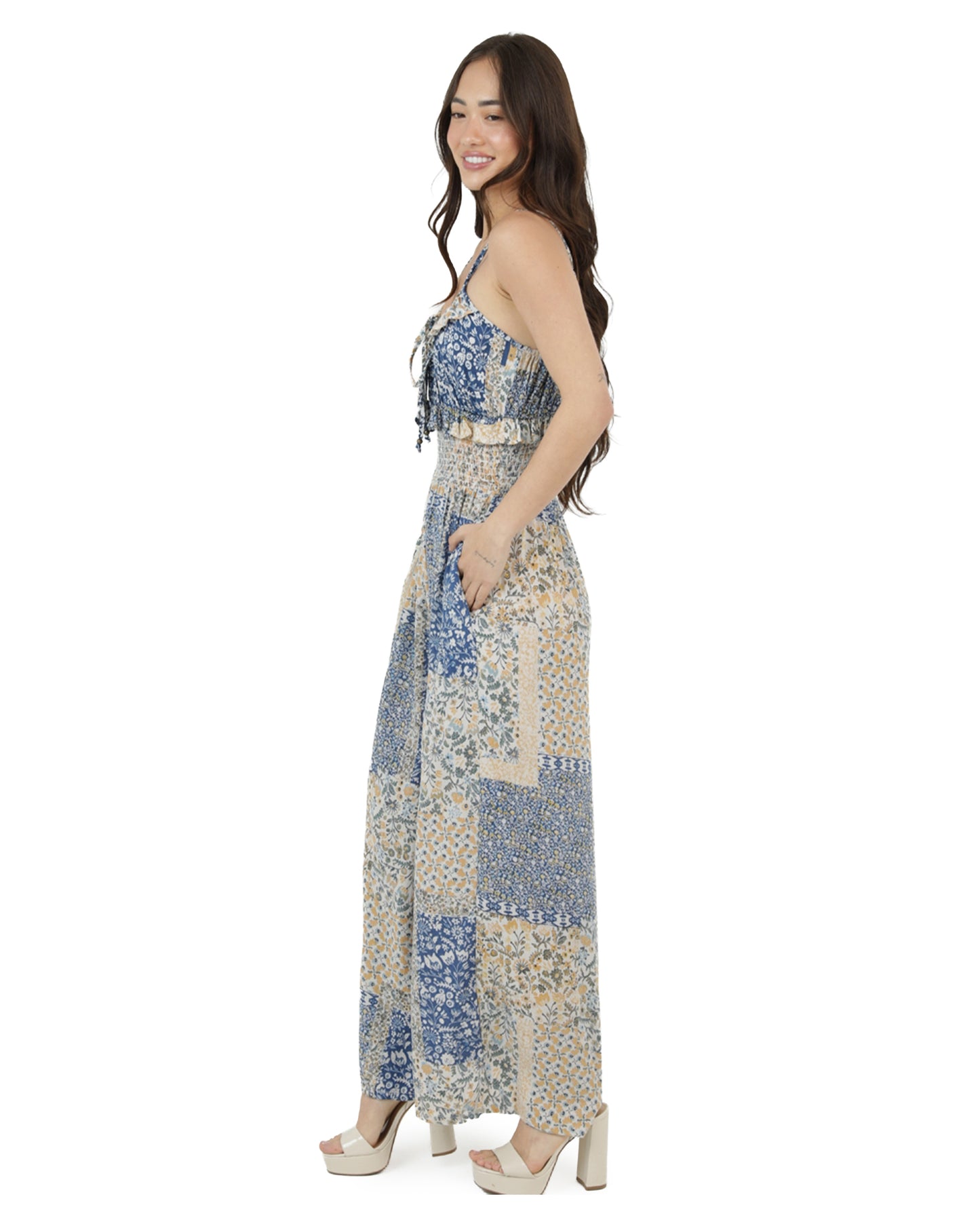 Women's Smocked Waist Patchwork Wide Leg Jumpsuit - B5C60-A983-Blue
