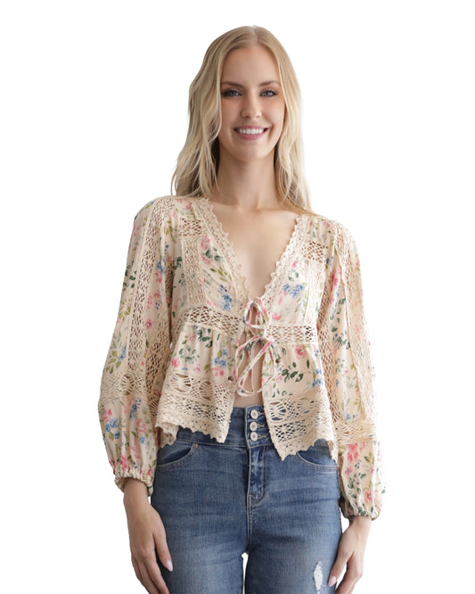 Women's Floral Lace Trim Tie Front Top - C2D82-Wb51-Sand by Angie from Skip’s Western Outfitters | ANG-C2D82-WB51-SAND-S-SAND