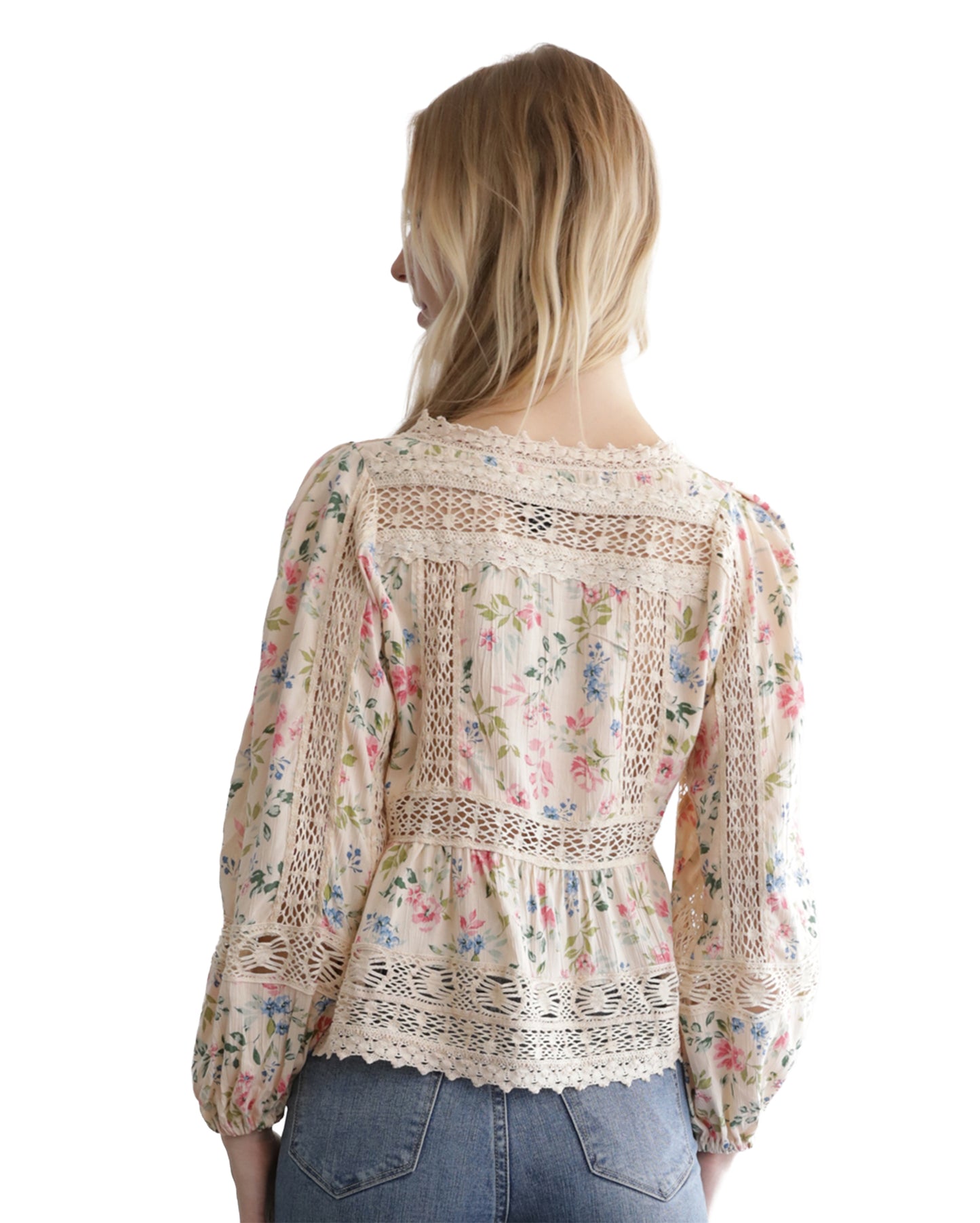 Women's Floral Lace Trim Tie Front Top - C2D82-Wb51-Sand