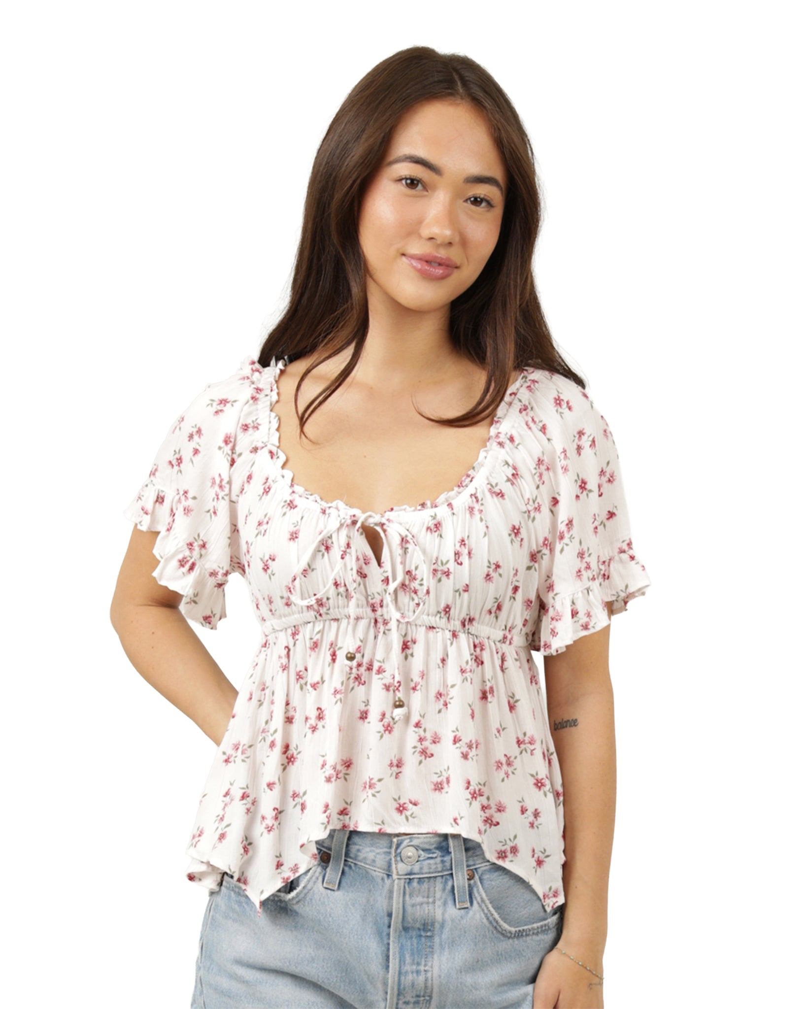 Women's Floral Hanky Hem Blouse - C2E53-Wb02-White by Angie from Skip’s Western Outfitters | ANG-C2E53-WB02-WHITE-S-WHITE
