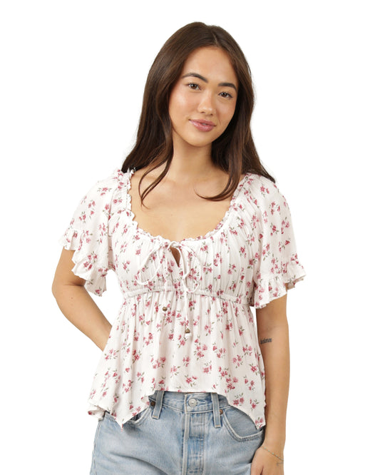 Women's Floral Hanky Hem Blouse - C2E53-Wb02-White by Angie from Skip’s Western Outfitters | ANG-C2E53-WB02-WHITE-S-WHITE