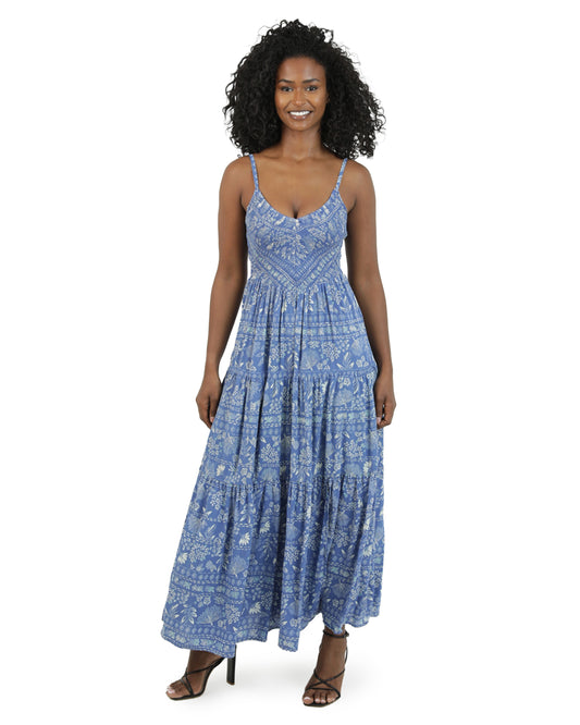 Womne's V-Neck Smocked Bodice Maxi Dress - F4K71-Wb34-Blue by Angie from Skip’s Western Outfitters | ANG-F4K71-WB34-BLUE-S-BLUE