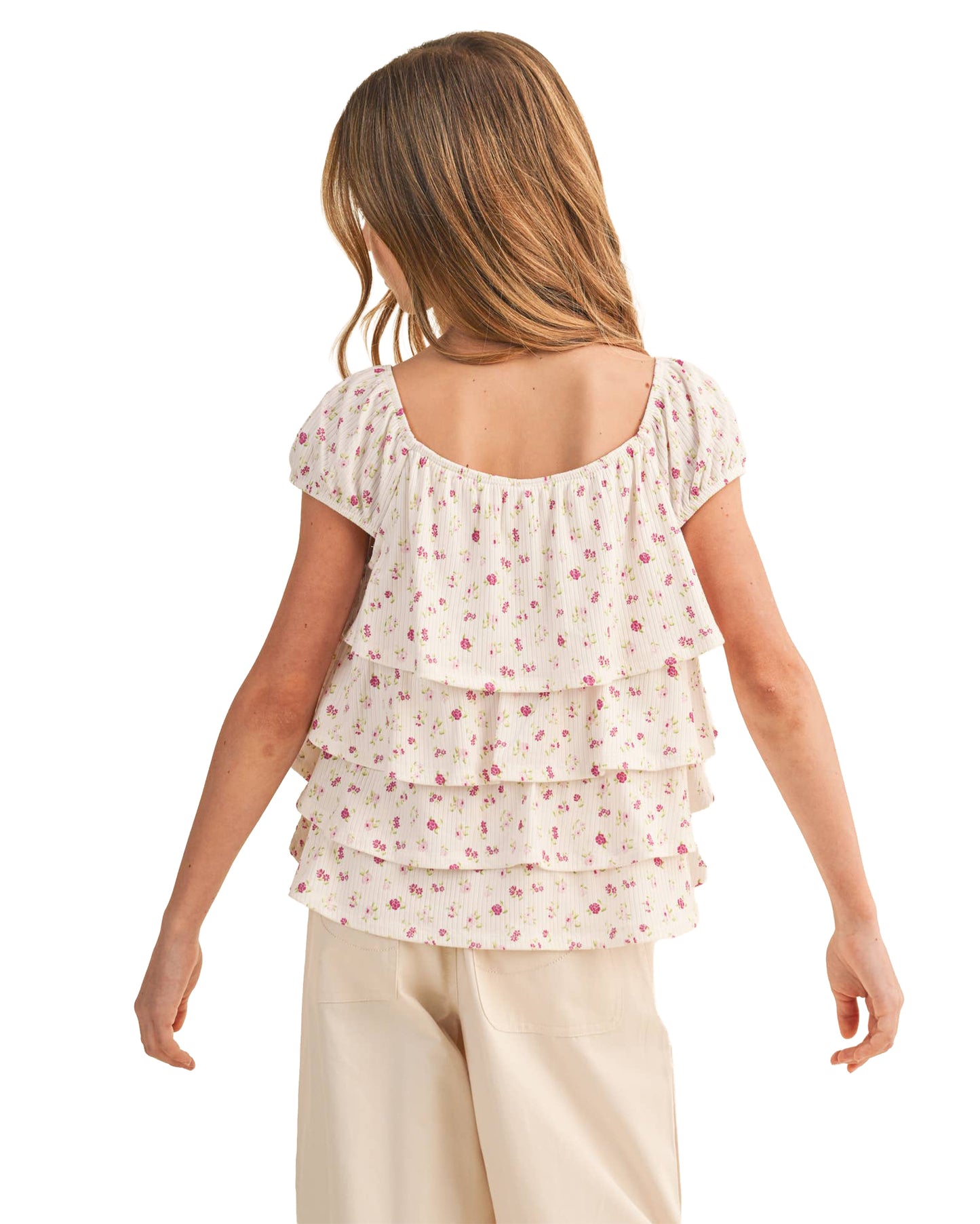 Tween Kids Girls Ruched Shoulder Ruffle Cropped Top - Kt2943Pk