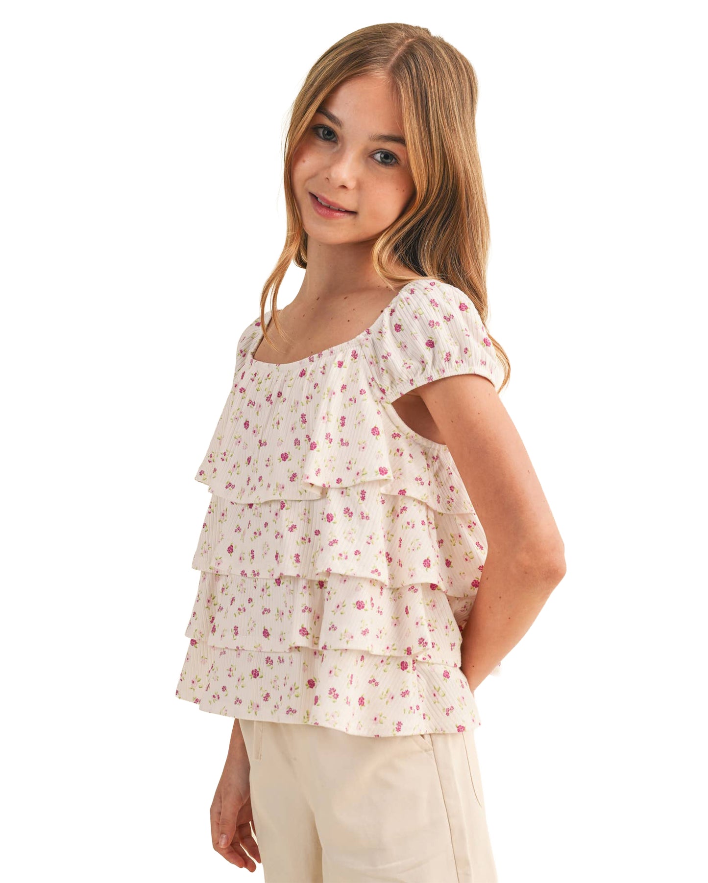 Tween Kids Girls Ruched Shoulder Ruffle Cropped Top - Kt2943Pk