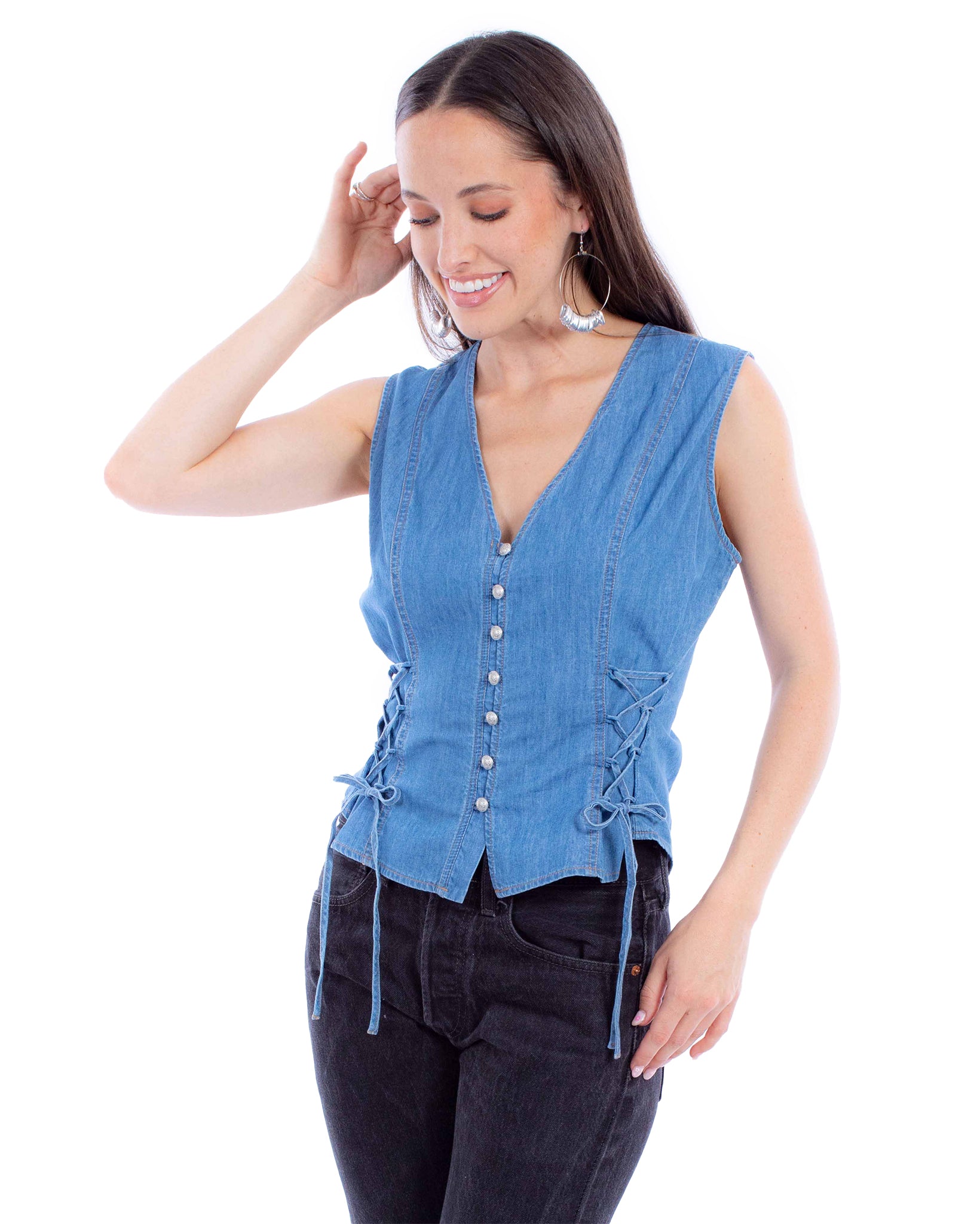 Women's Lace Up Vest by Scully from Skip’s Western Outfitters | SCU-HC921-BLU-S-BLUE