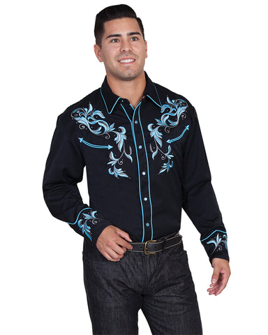 Mens Embroidered Scroll Western Shirt - Black