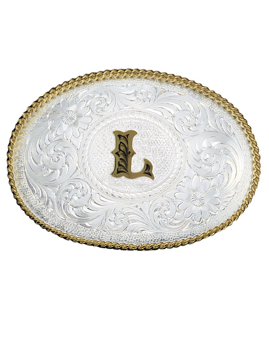 Engraved Initial L Medium Oval Buckle by Montana Silversmiths from Skip’s Western Outfitters | MON-700L-Silver-/-Gold