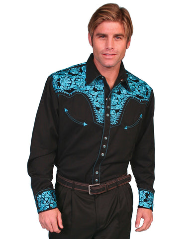 Mens Floral Embroidered Western Shirt - Turquoise