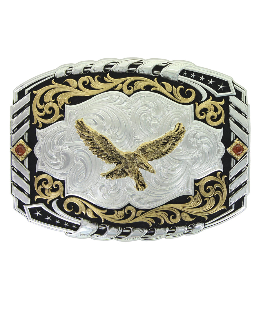 Cantle Roll Soaring Eagle Buckle by Montana Silversmiths from Skip’s Western Outfitters | MON-34800-696-Silver-/-Black