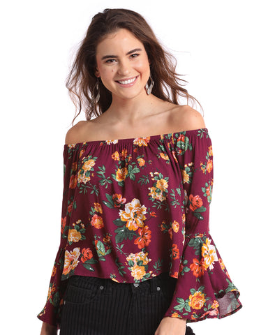 Womens Bell Sleeve Floral Blouse