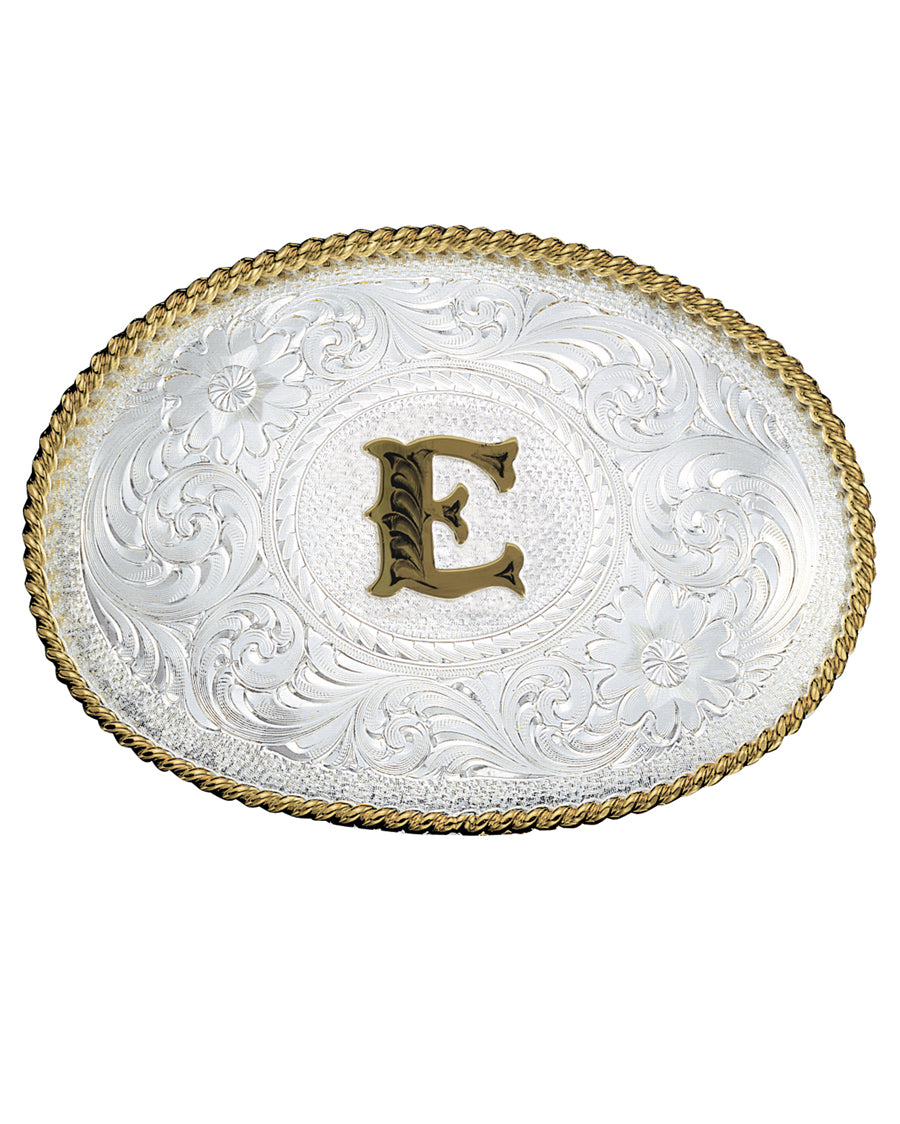 Engraved Initial E Medium Oval Buckle by Montana Silversmiths from Skip’s Western Outfitters | MON-700E-Silver-/-Gold