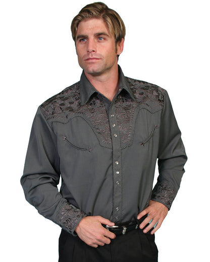 Men's Floral Embroidered Western Shirt by Scully from Skip’s Western Outfitters | SCU-P-634-CHA-S-CHARCOAL