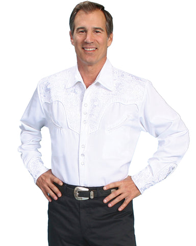 Mens Floral Embroidered Western Shirt - White