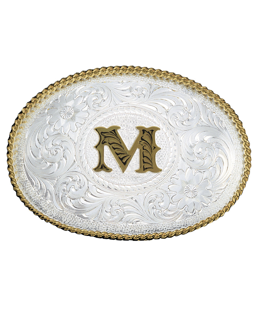 Engraved Initial M Medium Oval Buckle by Montana Silversmiths from Skip’s Western Outfitters | MON-700M-Silver-/-Gold