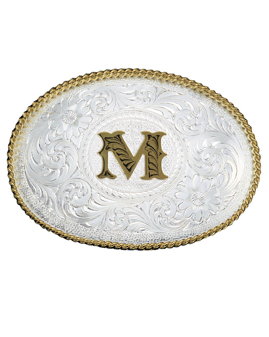 Engraved Initial M Medium Oval Buckle by Montana Silversmiths from Skip’s Western Outfitters | MON-700M-Silver-/-Gold
