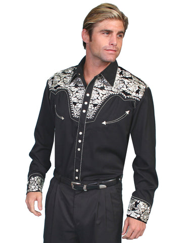 Mens Floral Embroidered Western Shirt - Silver