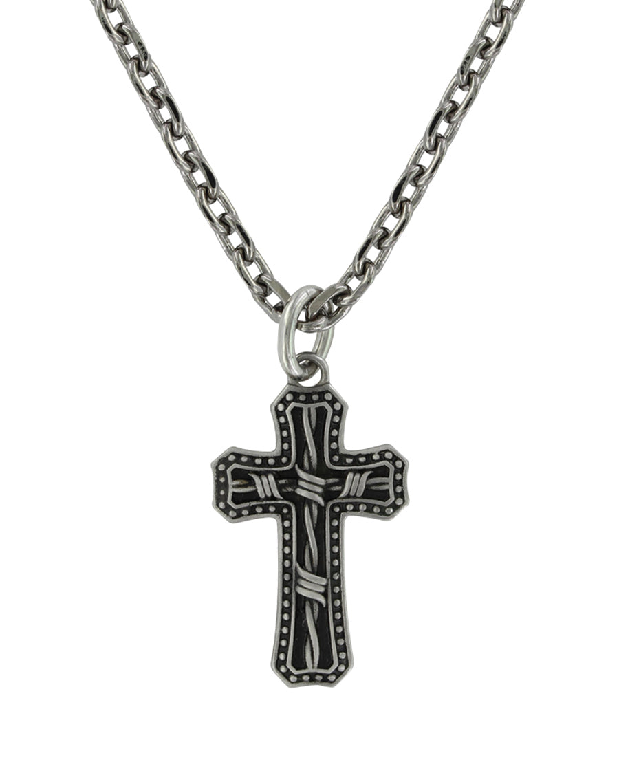 Stainless Barbed Wire Cross Necklace by Montana Silversmiths from Skip’s Western Outfitters | MON-NC3848-Antiqued-Silver
