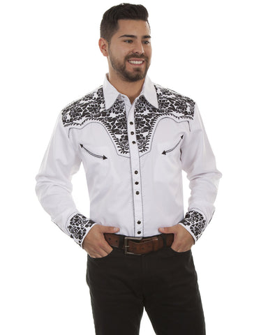 Mens Floral Embroidered Western Shirt - White & Black