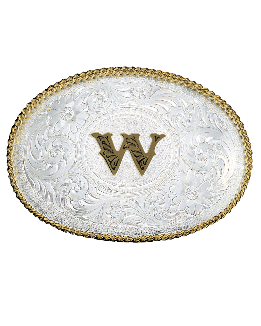 Engraved Initial W Medium Oval Buckle by Montana Silversmiths from Skip’s Western Outfitters | MON-700W-Silver-/-Gold