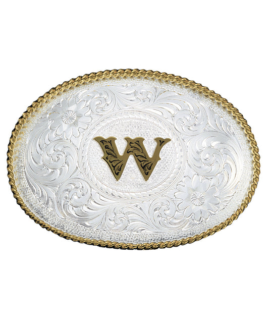 Engraved Initial W Medium Oval Buckle by Montana Silversmiths from Skip’s Western Outfitters | MON-700W-Silver-/-Gold