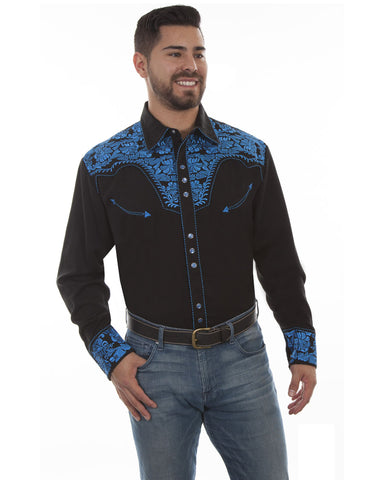 Mens Floral Embroidered Western Shirt - Royal