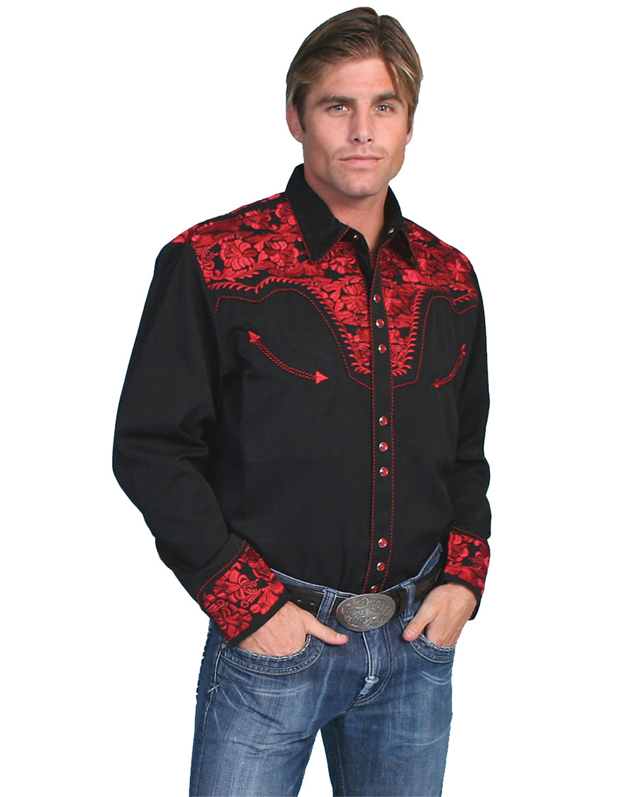 Men's Floral Embroidered Western Shirt by Scully from Skip’s Western Outfitters | SCU-P-634-CRI-S-CRIMSON